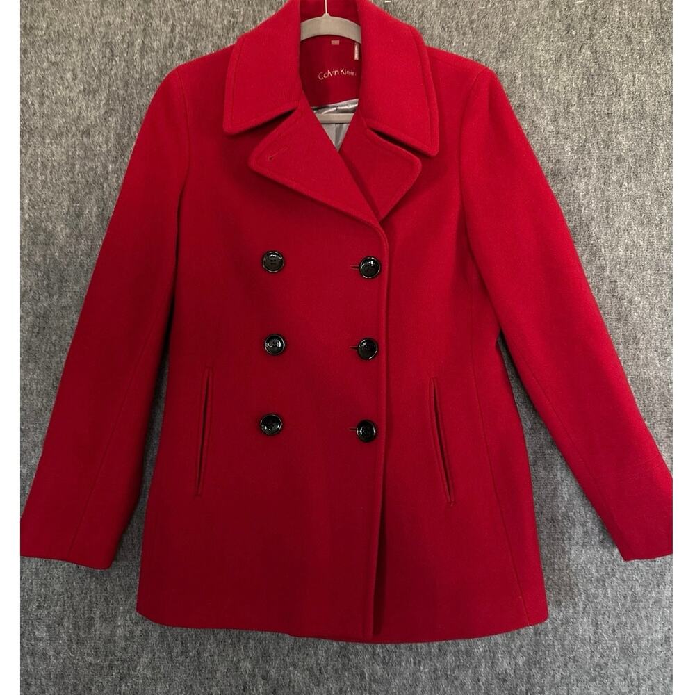 Calvin Klein Wool & Recycled Cashmere Double Breasted Red Peacoat Jacket Coat ~6